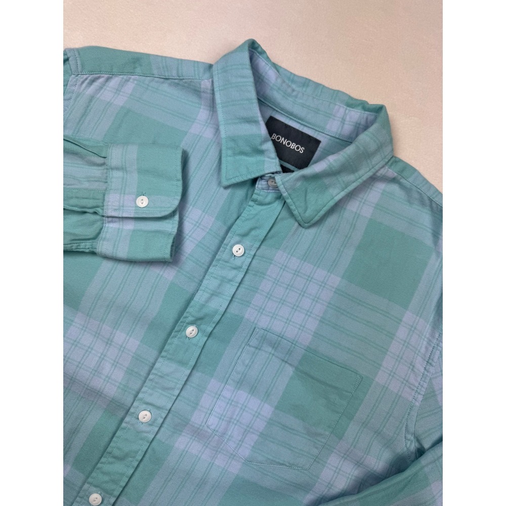 Bonobos Slim Fit Shirt Mens L Green Blue Plaid Long Sleeve Button Front Casual‎